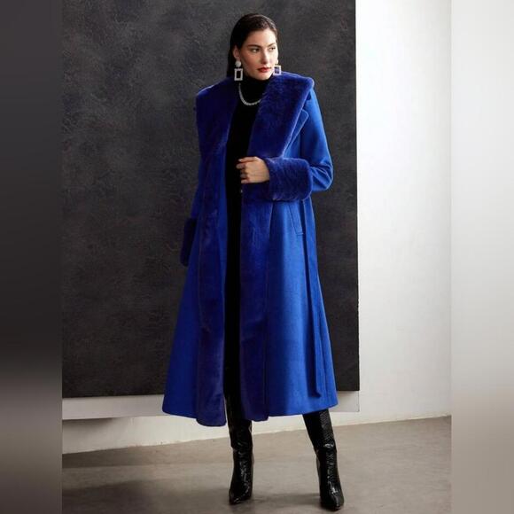 WOOL-BLEND FAUX FUR FUZZY CUFF OVERCOAT Winter Coat Outerwear - Picture 8 of 11